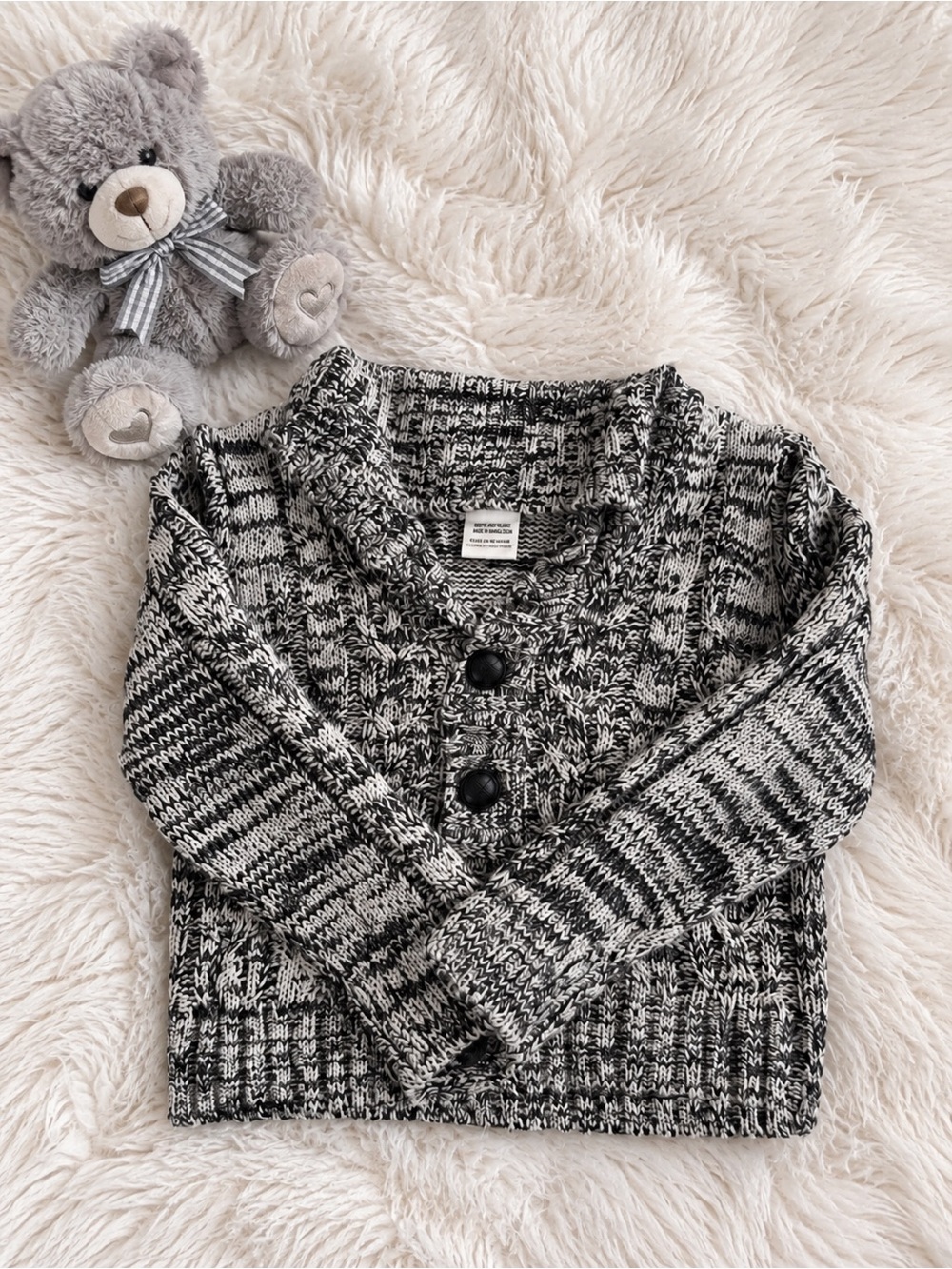 Kids Gray & White Knit Cardigan Sweater - Cozy Button Front